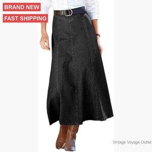 High Waisted Vintage Pleated Maxi Denim Skirt A-Line Swing Flowy